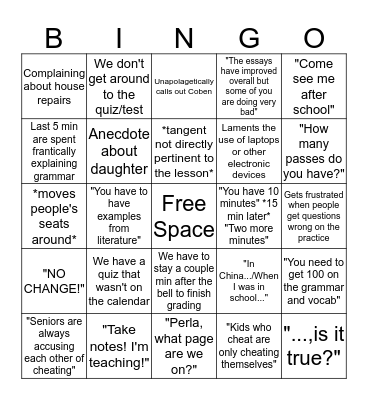 English Class Bingo Card