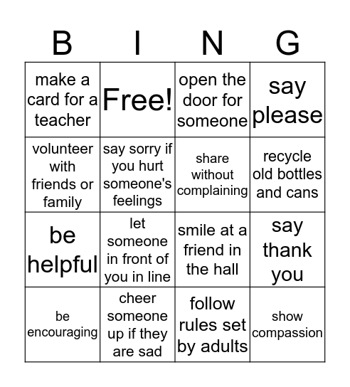 Acts of Kindness Bingo Card