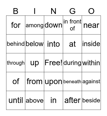 Preposition Bingo Card