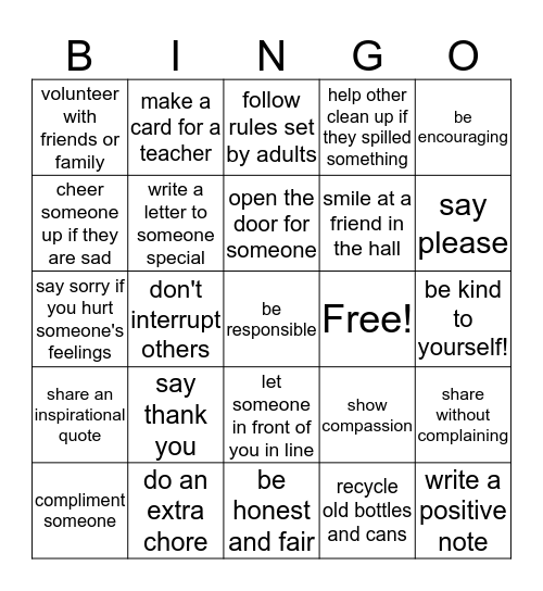 Acts of Kindness Bingo Card