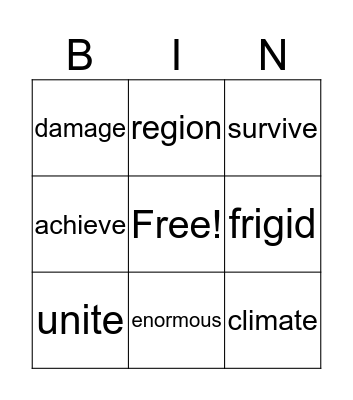 Vocabulary BIN Bingo Card