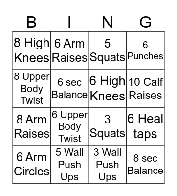 Fitness Bingo Card