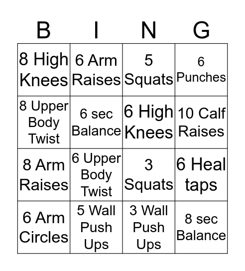 Fitness Bingo Card