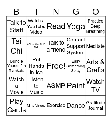 Coping Skills Bingo Card