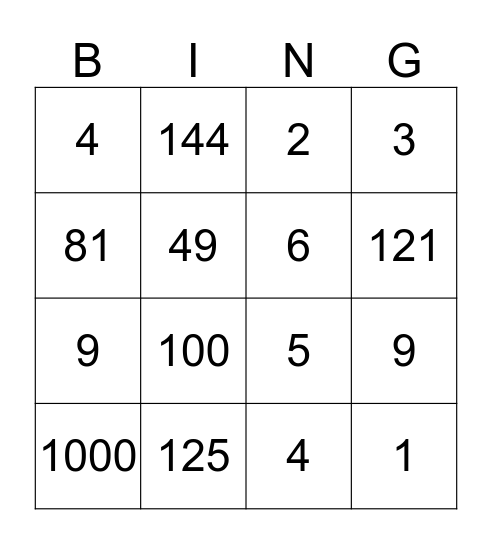 Exponents Bingo! Bingo Card