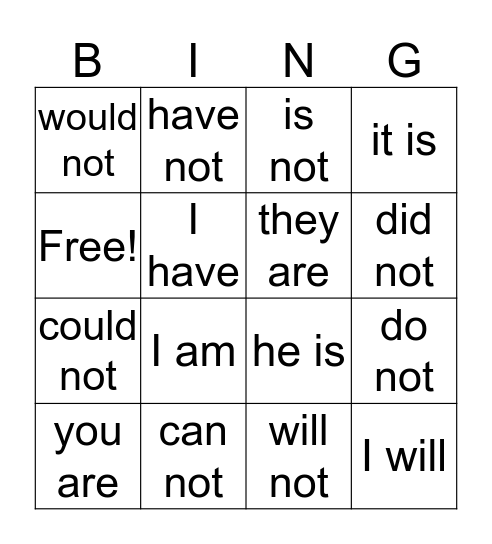 Contractions Bingo Card