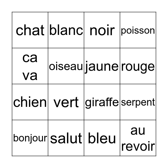 French Bingo Card