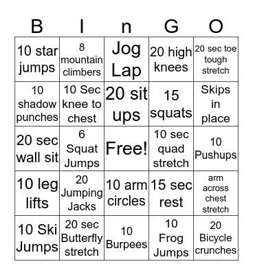 Fitness Bingo Card