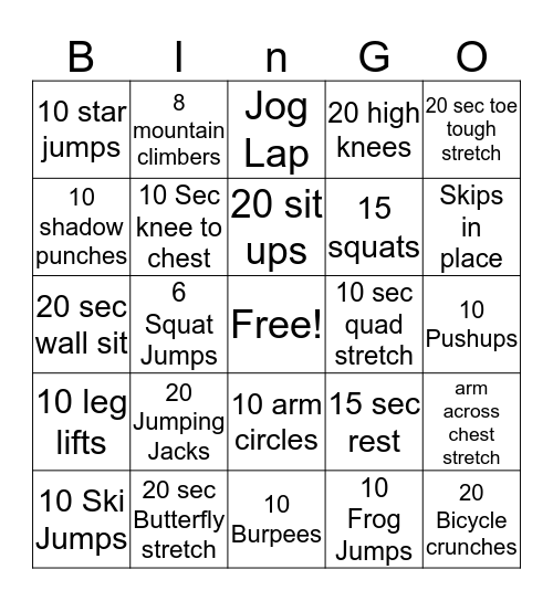 Fitness Bingo Card