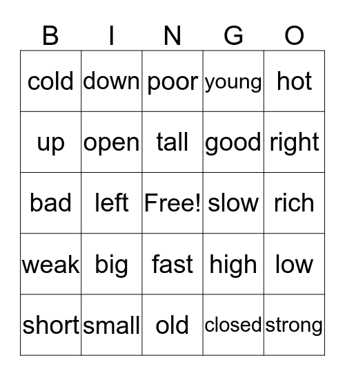 Opposites Bingo Card