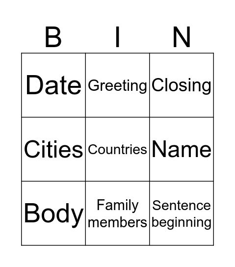 Letters Bingo Card