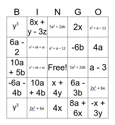 ALGEBRA Bingo Card