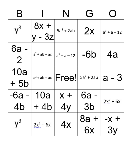 ALGEBRA Bingo Card