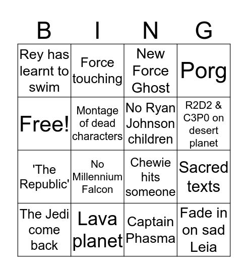 Star Wars Trailer Bingo Card