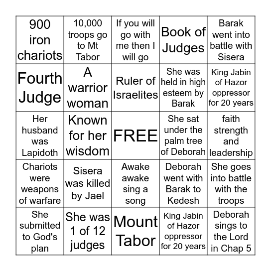 THE PROPHETESS DEBORAH Bingo Card