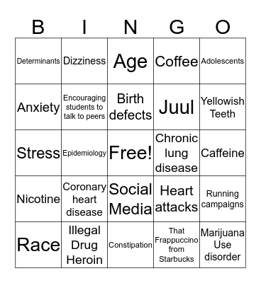 Drug Abuse Bingo Card