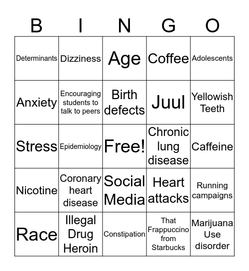 Drug Abuse Bingo Card