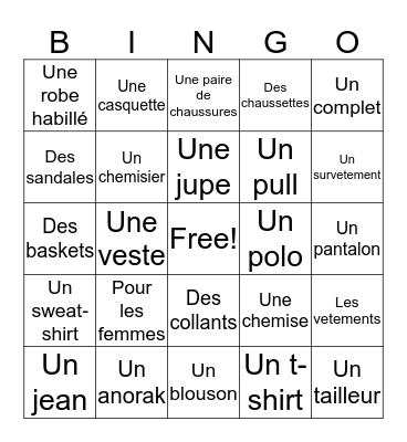 Les vetements Bingo Card