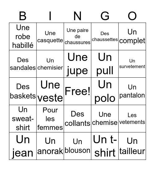 Les vetements Bingo Card