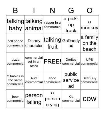 2014 SUPER BOWL COMMERCIAL BINGO Card