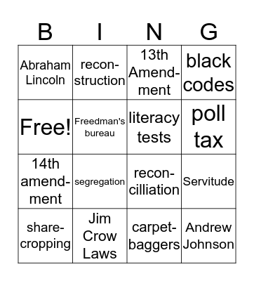 Reconstruction Bingo Card