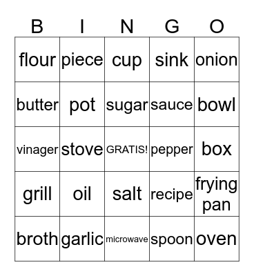 Cooking ingredients and tools Bingo Card