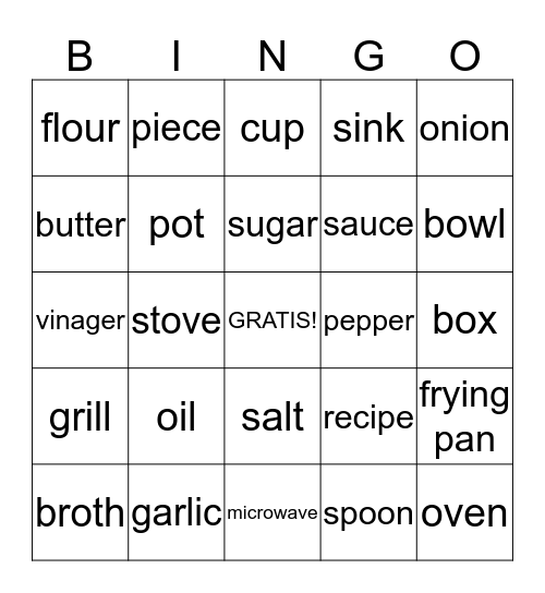 Cooking ingredients and tools Bingo Card