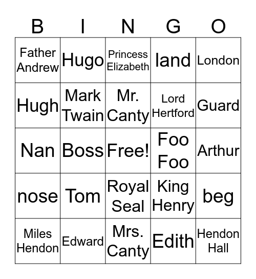 Prince and the Pauper Bingo Card