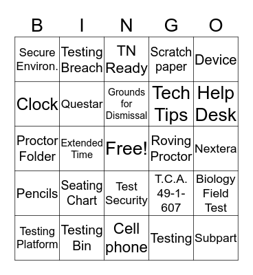 Testing Made Fun!  Bingo Card