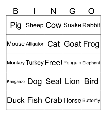 Animal Bingo Card