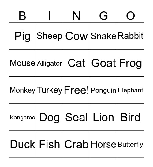 Animal Bingo Card
