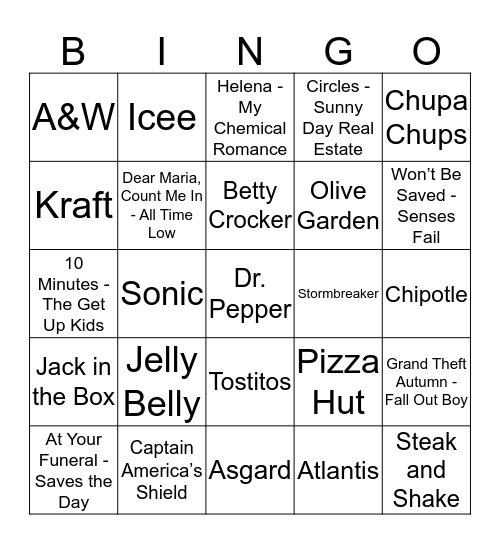 Logos, Superhero Movies & Emo Music Bingo Card