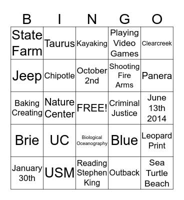 Ashley's Shower Bingo Card