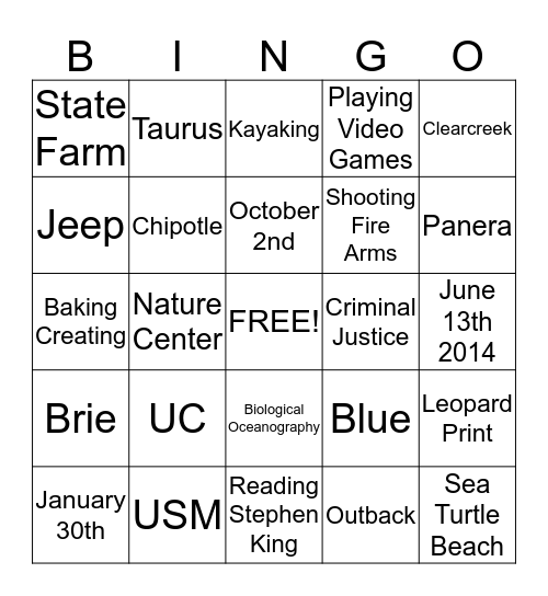 Ashley's Shower Bingo Card