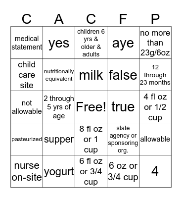 CACFP MILK BINGO  Bingo Card