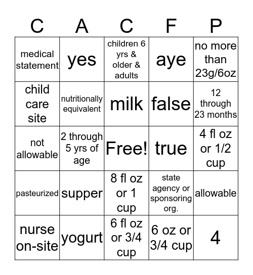 CACFP MILK BINGO  Bingo Card