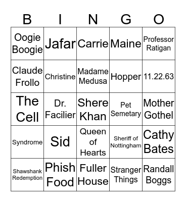 Netflix & Chill, Disney Villains & Stephen King Bingo Card