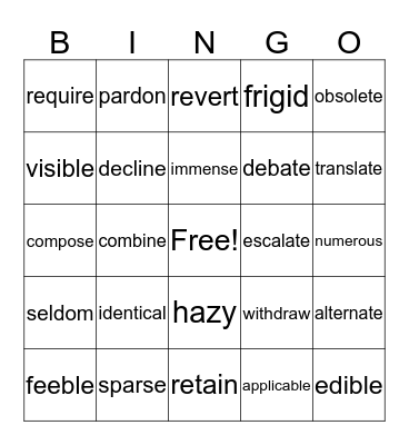 Intervention Vocabulary  Bingo Card