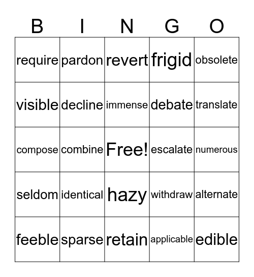 Intervention Vocabulary  Bingo Card