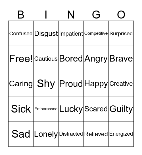 212 Feelings Bingo  Bingo Card