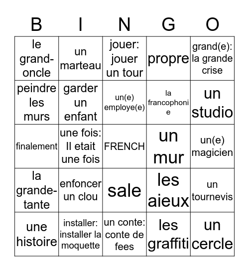 French Vocabulary  Bingo Card