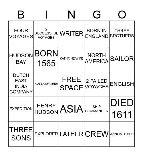 HENRY HUDSON THE EXPLORER Bingo Card
