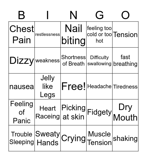 Anxiety Bingo Card