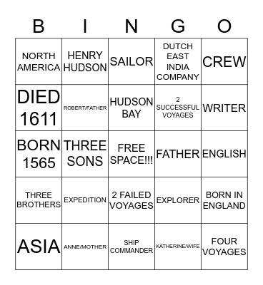 HENRY HUDSON THE EXPLOER Bingo Card