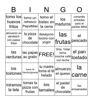 Verbos AR y COMIDA Bingo Card