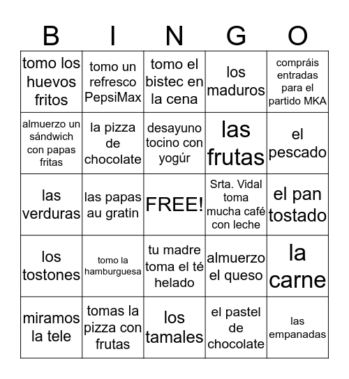 Verbos AR y COMIDA Bingo Card