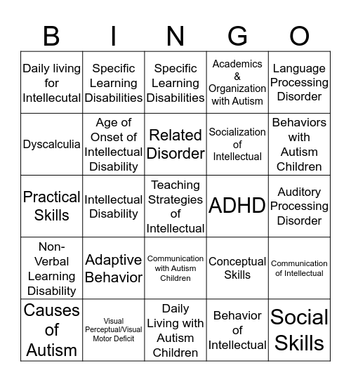Developmental, intellectual, and Learning Disabilites Bingo Card