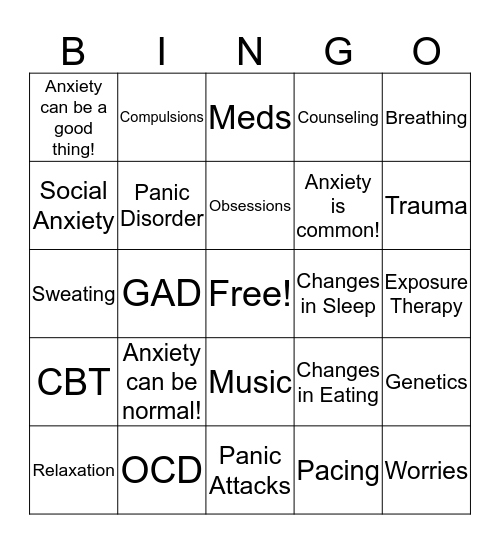 Learning about Anxiety Bingo Card