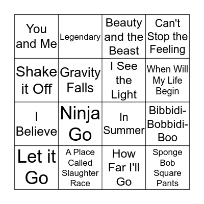 Disney Songs and Cartoon Songs 2 Bingo Card