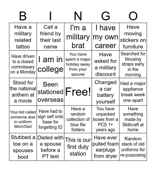 Military Spouse Bingo Card